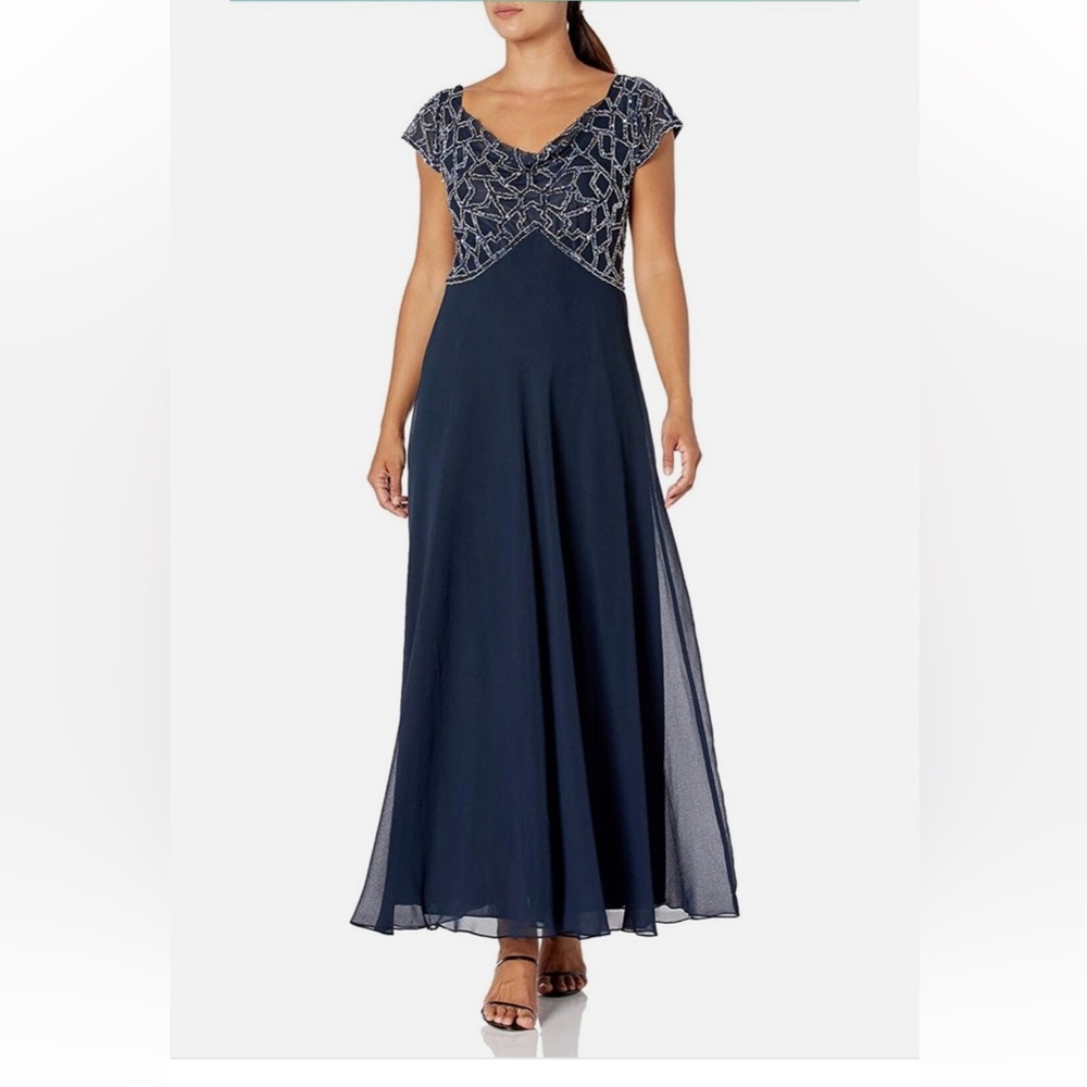 J Kara Midnight Blue Maxi Dress with Metallic Accents